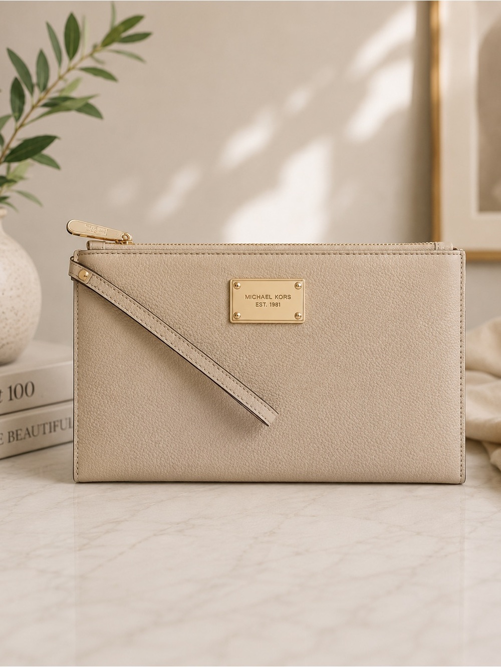 Michael Kors Tan Leather Wristlet Clutch with Gold accents